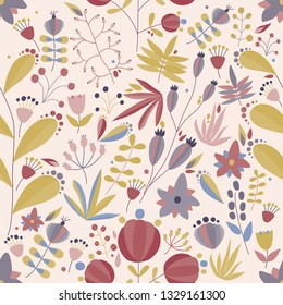 Spring seamless pattern with blooming garden flowers and leaves on light background. Natural backdrop with tender flowering plants. Flat vector illustration for textile print, wrapping paper.
