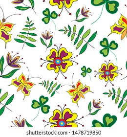 Spring seamless pattern with blooming plants on white background. Floral backdrop with meadow flowers, berries, butterflies and bugs. Flat seasonal vector illustration for wallpaper, fabric print.