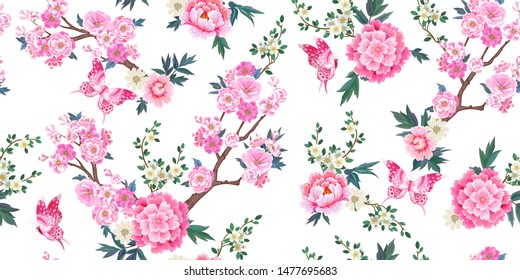 Spring seamless pattern with blooming sakura, pink peonies plum branches and flying butterflies in Chinese style