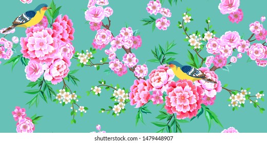 Spring seamless pattern with blooming sakura, pink peonies plum branches and small birds in Chinese style