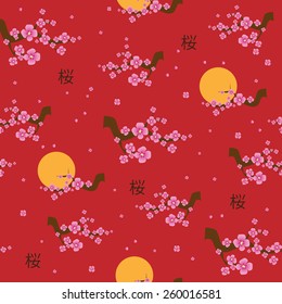 Spring seamless pattern blooming sakura on the red background. Vector illustration.