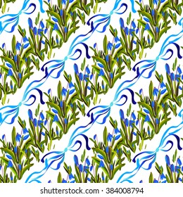 Spring seamless pattern. Bluebell flowers. Seamless striped floral pattern with blue snowdrop flowers and ribbons with bow on white background. Spring girl baby design background. Vector illustration
