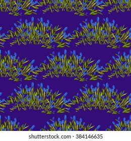 Spring seamless pattern. Bluebell meadow flowers. Seamless floral pattern with blue snowdrop flowers on deep blue background. Spring wrapping paper design background. Vector illustration