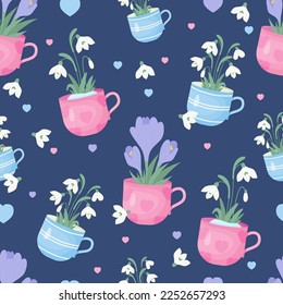 Spring seamless pattern. Bouquet of snowdrop flowers and purple crocuses in cup on blue background. Vector illustration. Botanical pattern for decor, design, packaging, wallpaper, textile