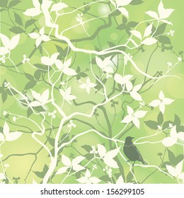 Spring seamless pattern with branch and bird. Floral repeating background in chinese style. Vector illustration.