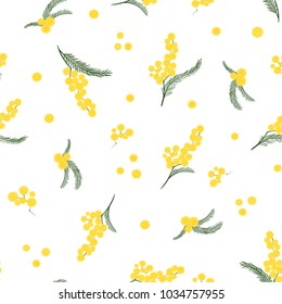 Spring seamless pattern with branches of mimosa. Vector.