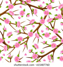 Spring seamless pattern with branches of tree and sakura flowers. Seasonal illustration.
