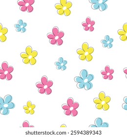 Spring seamless pattern with bright cartoon flowers on the white background. Spring background. Perfect for wrapping paper, scrapbooking paper, and children's textiles.