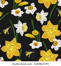 Patrón transparente de primavera con daffodils brillantes.Ilustración botánica de dibujo a mano.Semana Santa,resorte,fondo floral.para tela,embalaje, postales, textil,papel envolvente, tarjeta,invitación,papel pintado