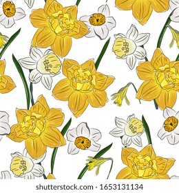 Spring seamless pattern with bright daffodils.Hand drawing botanical illustration.Easter,spring,floral background.for fabric,packaging, postcards, textile,wrapping paper, card,invitation,wallpaper