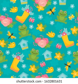 Spring seamless pattern. Bright illustration with flower bouquet, froggy, birds and boots. Background for fabric print, texture and wrapping paper.