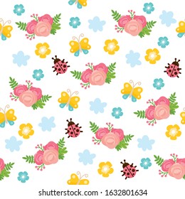 Spring seamless pattern. Bright illustration with flower bouquet, ladybug and butterfly. Background for fabric print, texture and wrapping paper.