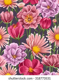 Spring seamless pattern with bright tulip, peonies, chamomiles in watercolor style on dark  background.