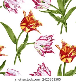 Spring seamless pattern with bright tulips. Stock vector illustration on a white background.