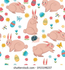 Spring seamless pattern with bunnies. Vector graphics.