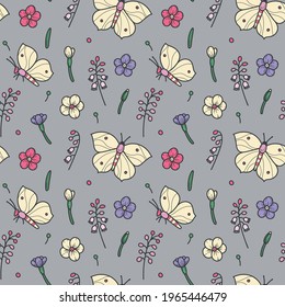 Spring seamless pattern with butterflies, lilies and primulas flowers on a gray background. Violet, pink, yellow, green. Suitable for cards, wallpaper, paper, fabric, interior decor  and others
