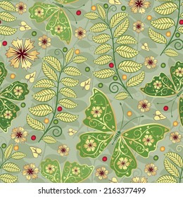 Spring seamless pattern with butterflies on a green background. Vector eps 10