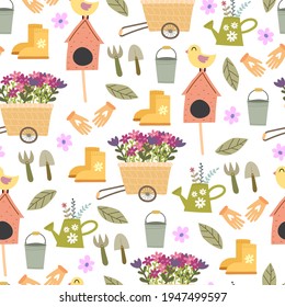 spring seamless pattern with cartoon, birds, watering can, shovel, boots, flower, décor elements. colorful vector for kids. hand drawing, flat style. baby design for fabric, print, textile, wrapper