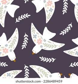 patrón sin costuras primaverales con aves de dibujos animados, flor. vector colorido para los niños. dibujo a mano, de estilo plano. diseño de bebé para tela, impresión, textil, envoltura

