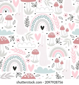 Spring seamless pattern with cartoon rabbit, flowers, rainbow, decor elements. colorful vector for kids. hand drawing, flat style. Baby design for fabric, print, textile, wrapper