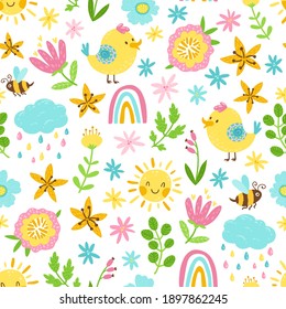 Patrón sin fisuras de primavera al estilo de las caricaturas. Doodle infantil colorido con pájaros simples, una abeja y flores. Sol, arco iris y gotas de lluvia. Textura de bebé creativa para tela, papel.