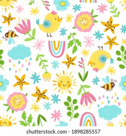 Spring seamless pattern in cartoon style. Colorful childish doodle with simple birds, a bee and flowers. Sun, rainbow and raindrops. Creative baby texture for fabric, paper.