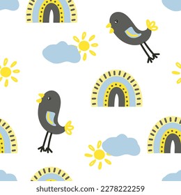 Spring seamless pattern in cartoon style. Colorful childish doodle with simple birds and sun, rainbow and clouds. Creative baby texture for fabric, paper.