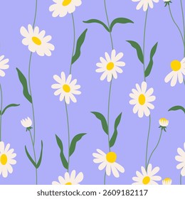 Spring seamless pattern with chamomile flower branches and leaves. Botanical blossom vector flat background. Floral wallpaper for textile, fabric design, fashion and other surfaces