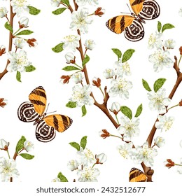 Spring seamless pattern with cherry blossom and brown butterfly. White flowers. Stock vector illustration on a white background.