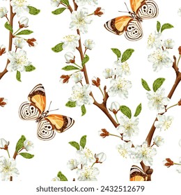 Spring seamless pattern with cherry blossom and brown butterfly. White flowers. Stock vector illustration on a white background.