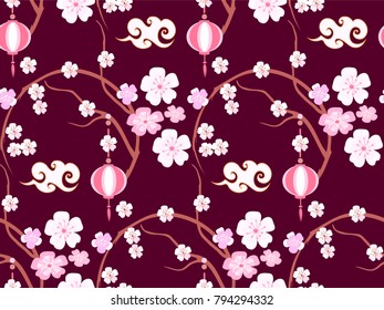 Spring seamless pattern with cherry blossom branch. Sakura pink background in Japanese or Chinese style. Cloud and lanterns.