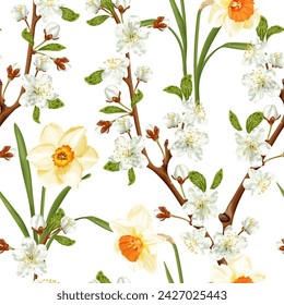 Spring seamless pattern with cherry blossoms and daffodils. Stock vector illustration on a white background.