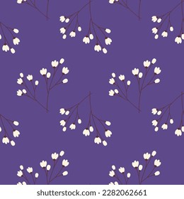 Spring Seamless pattern with cherry branches in trendy violet shades. Hello spring. Happy Easter