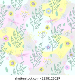 spring seamless pattern children's cute. floral seamless pattern with many decorative flowers, leaves and twigs. For fashion fabrics, children’s clothing, T-shirts, postcards, templates and scrapbooki