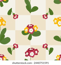 Spring seamless pattern with color primroses on checkerboard beige background vector. Cute primula design for print, fabric, tablecloth, wrapping paper, wallpaper, textile, cover, card