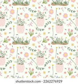 Spring seamless pattern with colored flowers in a vase, green leaves, butterfly, hearts. Spring bloom and luxury. Floral pattern can be used as textile, fabric, wallpaper, banner, etc. Vector