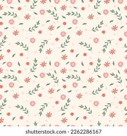 Spring seamless pattern with colored flowers, green leaves, hearts. Spring bloom and luxury. Floral pattern can be used as textile, fabric, wallpaper, banner, etc. Vector.