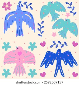Spring seamless pattern with colorful bird, flowers, leaves. Cartoon isolated vector illustration