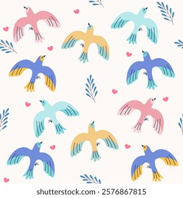 Spring seamless pattern with colorful birds. Floral springtime hand drawn illustration.