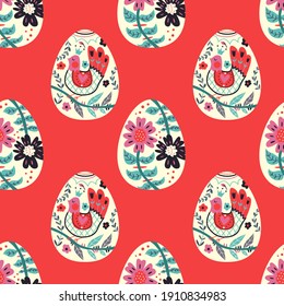 Spring  seamless pattern with colorful decorated eggs in scandinavian huge style. Easter egg with flowers and mythical bird.
Vector illustration. Wrapping paper.