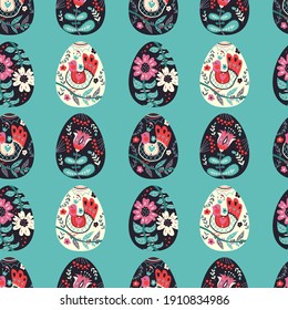 Spring  seamless pattern with colorful decorated eggs in scandinavian huge style. Easter egg with flowers and mythical bird.
Vector illustration. Wrapping paper.
