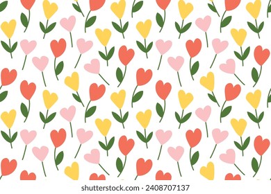 spring seamless pattern with colorful heart shaped tulip flowers; Valentine's Day, love, aniversary background - vector illustration