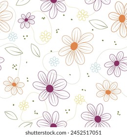 Spring seamless pattern, colorful plant and flower background.