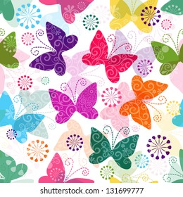Spring seamless pattern with colorful and transparent butterflies (vector EPS 10)