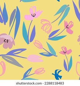 spring seamless pattern with colorful tulip flowers, yellow background - vector illustration