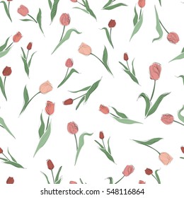 Spring Seamless pattern with colorful tulips on white background. Hand drawn vector illustration. Wrapping paper.