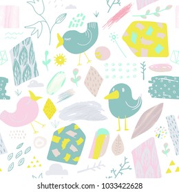 Spring Seamless Pattern with Cute Birds and Flowers. Childish Abstract Nature Background for Fabric, Decoration, Wallpaper. Vector illustration