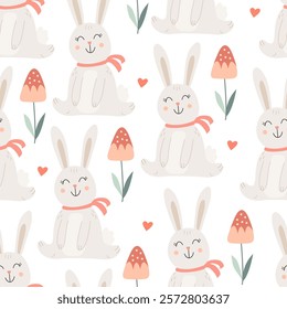 Spring seamless pattern with cute  bunnies and decorative flowers on white background. Vector illustration in hand drawn flat style, pastel colors for wrapping paper, festive textile