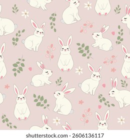 Spring seamless pattern with a cute bunnies, flowers and branches. Concept of holiday, joy, happiness. Ideal for banners, cards, posters, stickers, wall art print. Vector illustration in a flat style