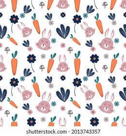 Spring seamless pattern with cute bunny and carrots. Vector colorful kids background. Cute t-shirt design for kids clothing.